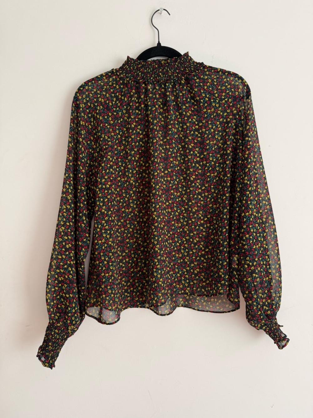 GAP Black Floral Smocked-Neck Long Sleeve Blouse